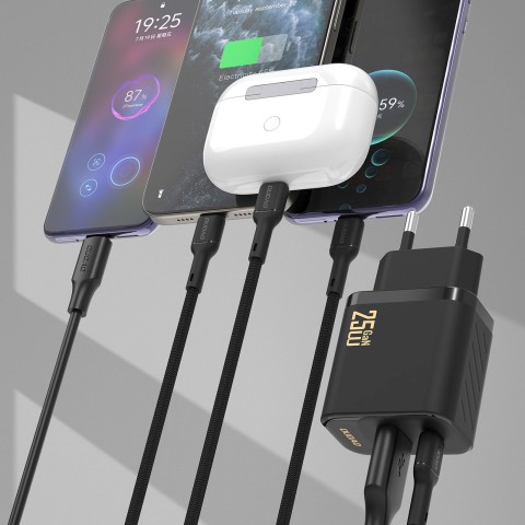 
USB-A USB-C sieninis įkroviklis su USB-C GaN PD QC 25W laidu – juodas
