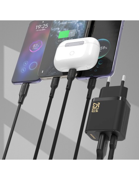 
USB-A USB-C sieninis įkroviklis su USB-C GaN PD QC 25W laidu – juodas
