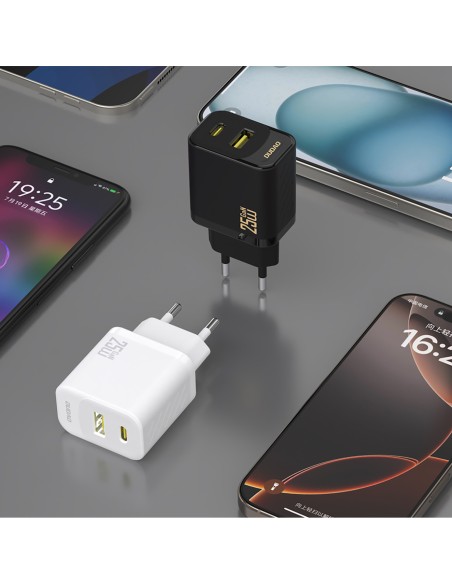 
USB-A USB-C sieninis įkroviklis su USB-C GaN PD QC 25W laidu – juodas
