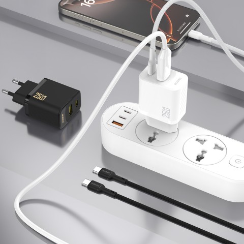 
USB-A USB-C sieninis įkroviklis su USB-C GaN PD QC 25W laidu – juodas
