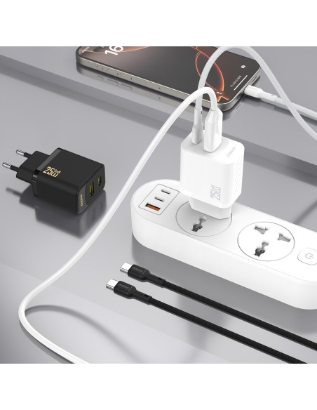 
USB-A USB-C sieninis įkroviklis su USB-C GaN PD QC 25W laidu – juodas
