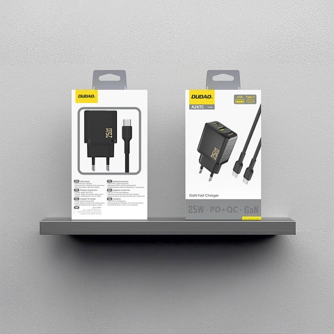 
USB-A USB-C sieninis įkroviklis su USB-C GaN PD QC 25W laidu – juodas
