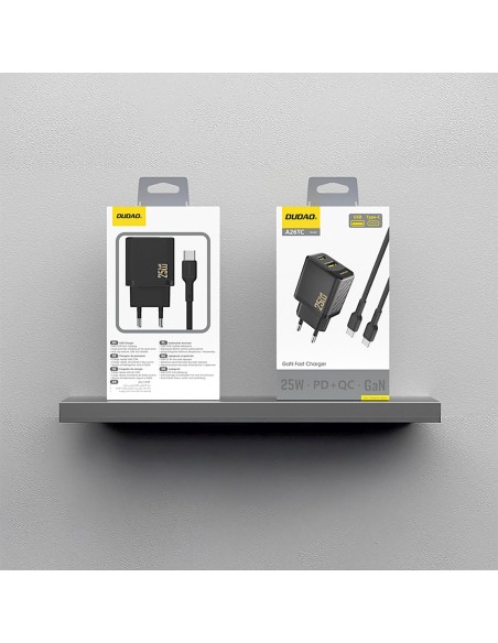 
USB-A USB-C sieninis įkroviklis su USB-C GaN PD QC 25W laidu – juodas
