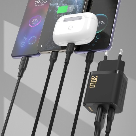 
USB-A USB-C sieninis įkroviklis su USB-C GaN PD 30W laidu – juodas
