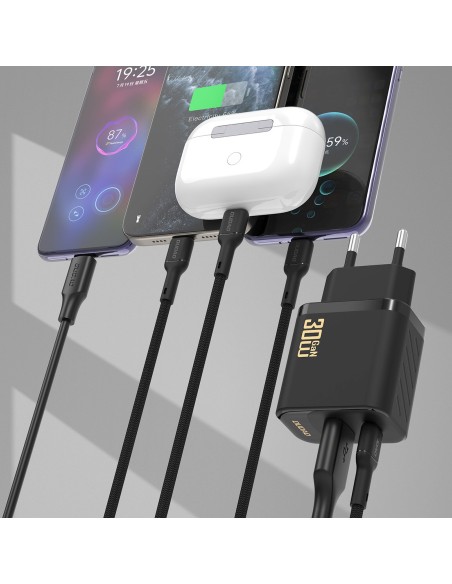 
USB-A USB-C sieninis įkroviklis su USB-C GaN PD 30W laidu – juodas
