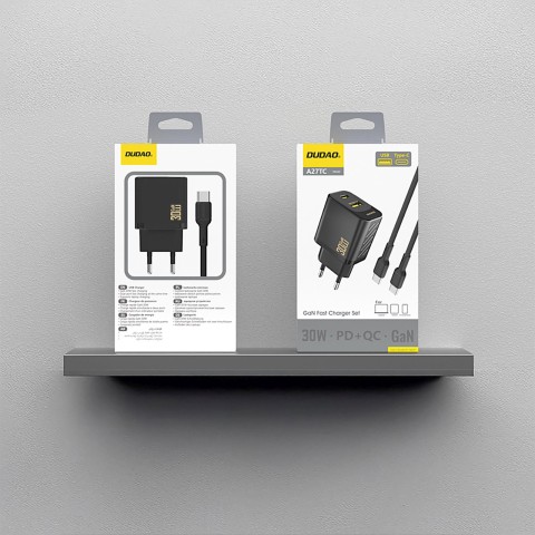 
USB-A USB-C sieninis įkroviklis su USB-C GaN PD 30W laidu – juodas
