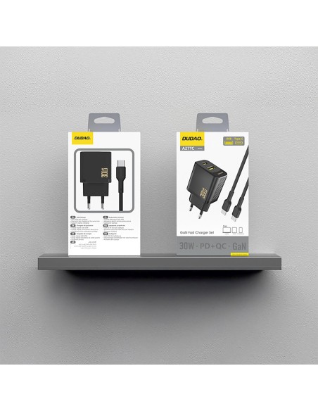 
USB-A USB-C sieninis įkroviklis su USB-C GaN PD 30W laidu – juodas
