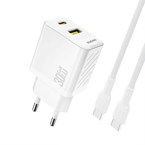
USB-A USB-C sieninis įkroviklis su USB-C GaN PD 30W laidu – baltas
