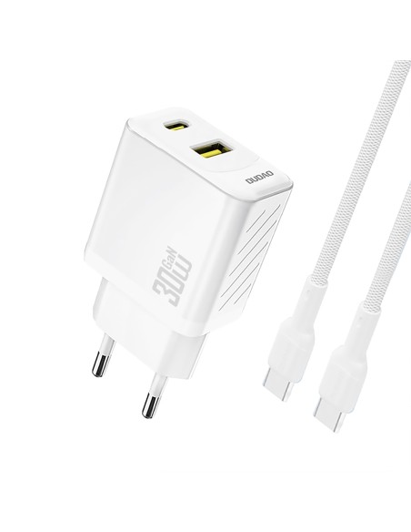 
USB-A USB-C sieninis įkroviklis su USB-C GaN PD 30W laidu – baltas
