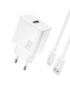 
USB-A sieninis įkroviklis su USB-A - USB-C GaN laidu, 25 W, baltas
