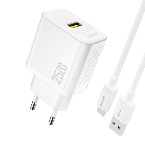 
USB-A sieninis įkroviklis su USB-A - USB-C GaN laidu, 25 W, baltas
