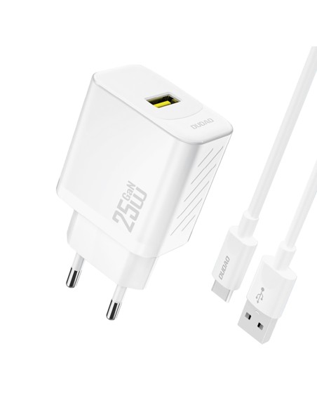
USB-A sieninis įkroviklis su USB-A - USB-C GaN laidu, 25 W, baltas
