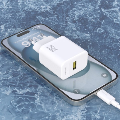 
USB-A sieninis įkroviklis su USB-A - USB-C GaN laidu, 25 W, baltas
