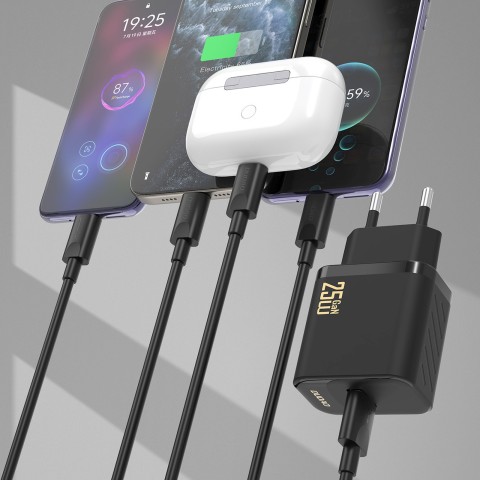 
USB-A sieninis įkroviklis su USB-A - USB-C GaN laidu, 25 W, baltas
