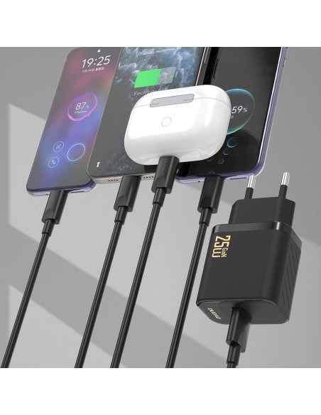 
USB-A sieninis įkroviklis su USB-A - USB-C GaN laidu, 25 W, baltas
