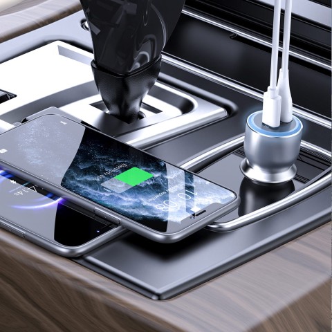 
USB-A USB-C PD QC LED automobilinis įkroviklis 120 W – pilkas

