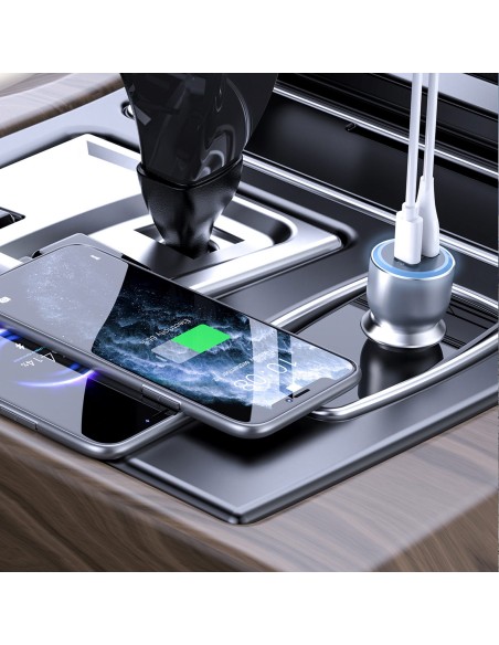 
USB-A USB-C PD QC LED automobilinis įkroviklis 120 W – pilkas
