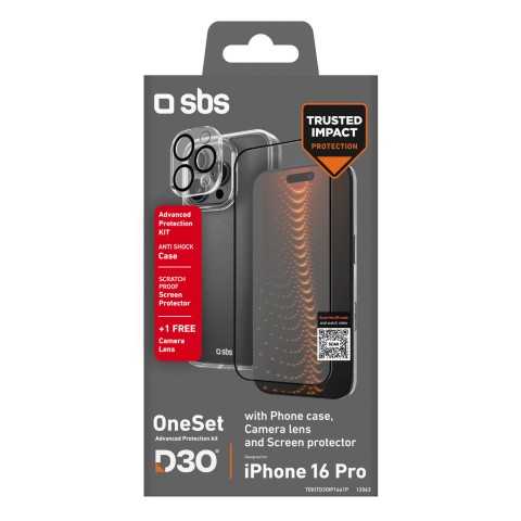 
3 viename „iPhone 16 Pro“ apsauginis dėklas, D3O ekrano apsauga ir kameros stiklas – skaidrus
