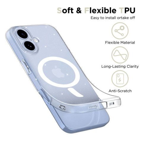 
„iPhone 17 FlexAir MagSafe“ apsauginis dėklas – skaidrus ir blizgučiais
