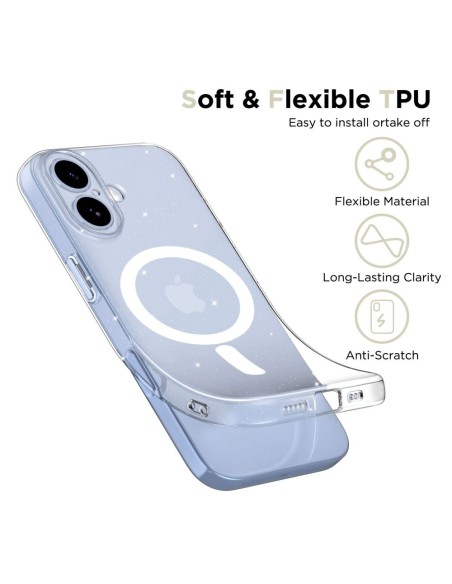 
„iPhone 17 FlexAir MagSafe“ apsauginis dėklas – skaidrus ir blizgučiais

