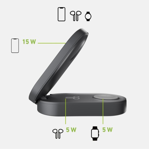 
3 viename belaidis sulankstomas įkrovimo stotelė „iPhone“, „Apple Watch“, „AirPods“ QI2 MFI – juoda
