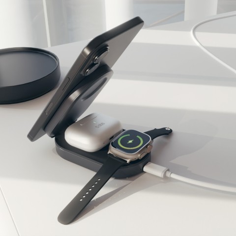 
3 viename belaidis sulankstomas įkrovimo stotelė „iPhone“, „Apple Watch“, „AirPods“ QI2 MFI – juoda
