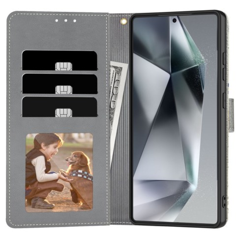 
Dirbtinės odos dėklas, skirtas „Samsung Galaxy A26 5G / A17 4G / 5G“ piniginei – ramunės su lapais
