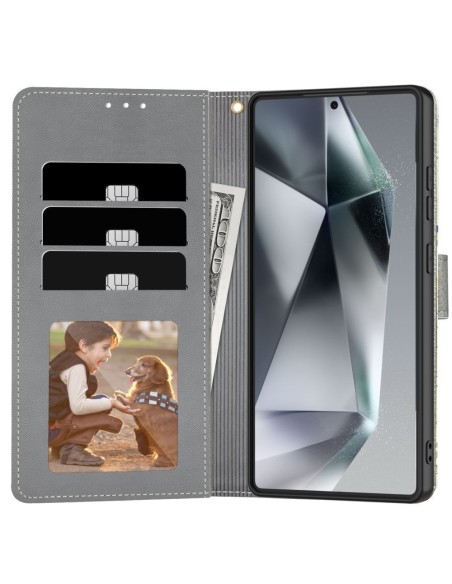 
Dirbtinės odos dėklas, skirtas „Samsung Galaxy A26 5G / A17 4G / 5G“ piniginei – ramunės su lapais
