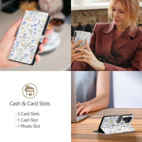 
Dirbtinės odos dėklas, skirtas „Samsung Galaxy A26 5G / A17 4G / 5G“ piniginei – ramunės su lapais
