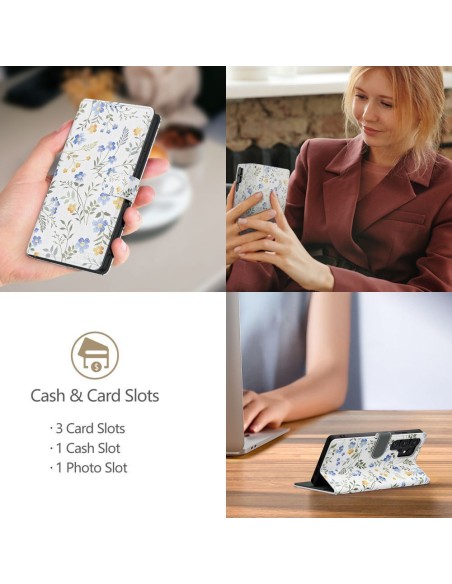 
Dirbtinės odos dėklas, skirtas „Samsung Galaxy A26 5G / A17 4G / 5G“ piniginei – ramunės su lapais
