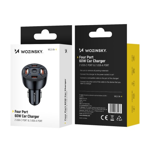 
Automobilinis įkroviklis 2xUSB-C 2xUSB-A 60W - juodas
