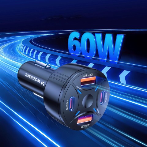 
Automobilinis įkroviklis 2xUSB-C 2xUSB-A 60W - juodas
