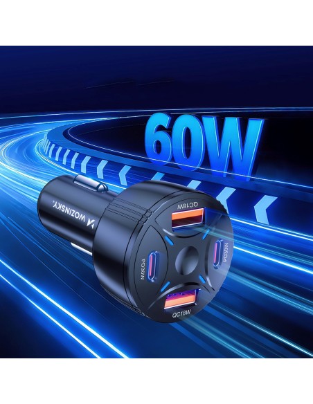 
Automobilinis įkroviklis 2xUSB-C 2xUSB-A 60W - juodas
