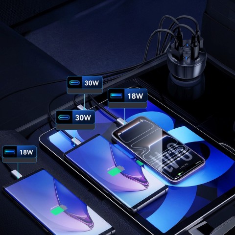 
Automobilinis įkroviklis 2xUSB-C 2xUSB-A 60W - juodas
