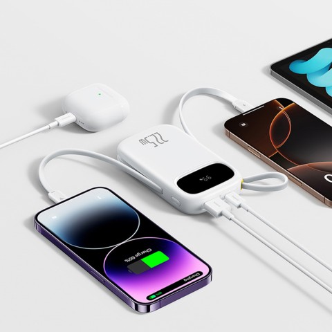 
10000mAh išorinė baterija su ekranu ir integruotais laidais „EnerFill FC31“ 22,5 W - balta
