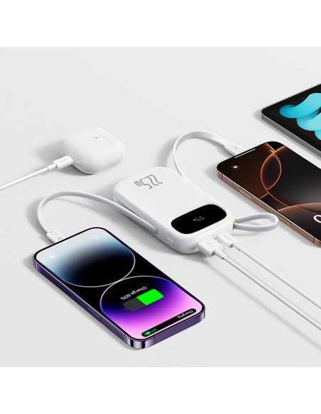 
10000mAh išorinė baterija su ekranu ir integruotais laidais „EnerFill FC31“ 22,5 W - balta
