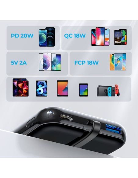 Powerbank 10000mAh 20W Quick Charge USB USB-C integruotas USB-C laidas juodas