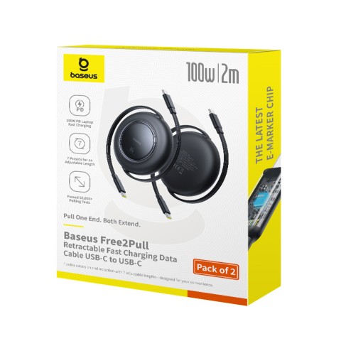 
Ištraukiamas USB-C laidas 100W 2m juodas - 2 vnt.

