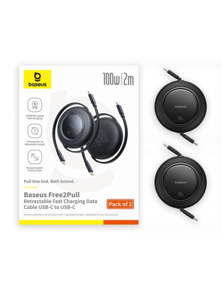 
Ištraukiamas USB-C laidas 100W 2m juodas - 2 vnt.
