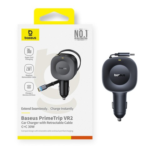 
USB-C automobilinis įkroviklis su ištraukiamu USB-C laidu, 30 W – juodas

