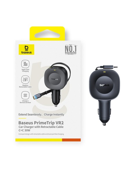 
USB-C automobilinis įkroviklis su ištraukiamu USB-C laidu, 30 W – juodas
