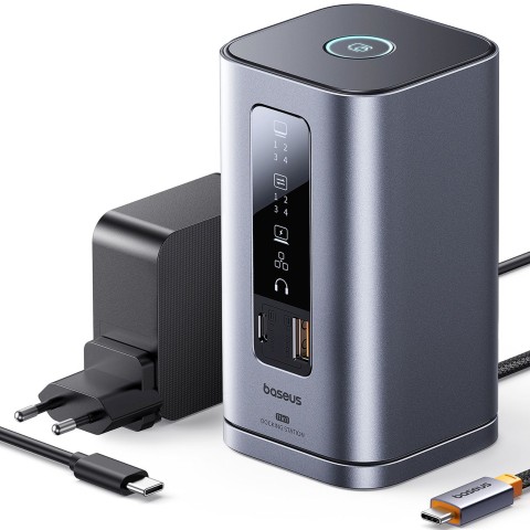 
Įkrovimo stotelė „HUB 11in1“ USB-C HDMI DP USB-A USB-C RJ45 PD Mini Jack 3.5mm EU įkroviklis - pilka
