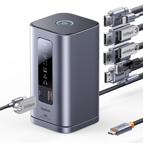 
Įkrovimo stotelė „HUB 11in1“ USB-C HDMI DP USB-A USB-C RJ45 PD Mini Jack 3.5mm EU įkroviklis - pilka
