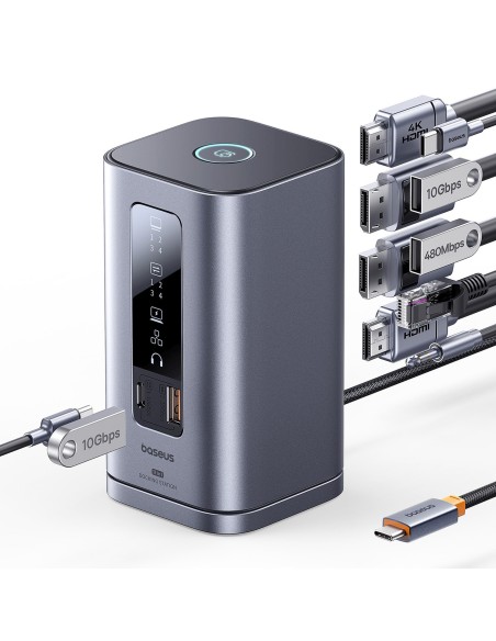 
Įkrovimo stotelė „HUB 11in1“ USB-C HDMI DP USB-A USB-C RJ45 PD Mini Jack 3.5mm EU įkroviklis - pilka
