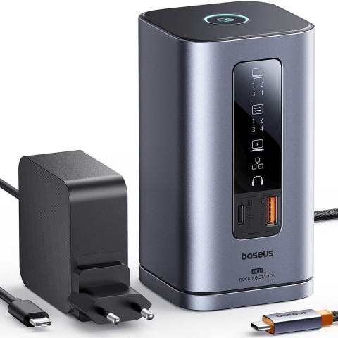 
Įkrovimo stotelė „HUB 11in1“ USB-C HDMI DP USB-A USB-C RJ45 PD Mini Jack 3.5mm EU įkroviklis - pilka
