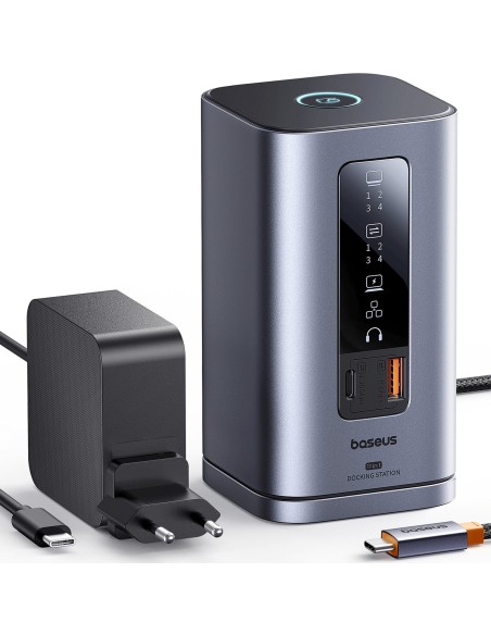 
Įkrovimo stotelė „HUB 11in1“ USB-C HDMI DP USB-A USB-C RJ45 PD Mini Jack 3.5mm EU įkroviklis - pilka
