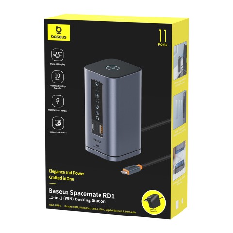 
Įkrovimo stotelė „HUB 11in1“ USB-C HDMI DP USB-A USB-C RJ45 PD Mini Jack 3.5mm EU įkroviklis - pilka
