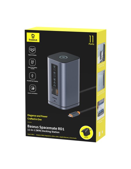 
Įkrovimo stotelė „HUB 11in1“ USB-C HDMI DP USB-A USB-C RJ45 PD Mini Jack 3.5mm EU įkroviklis - pilka
