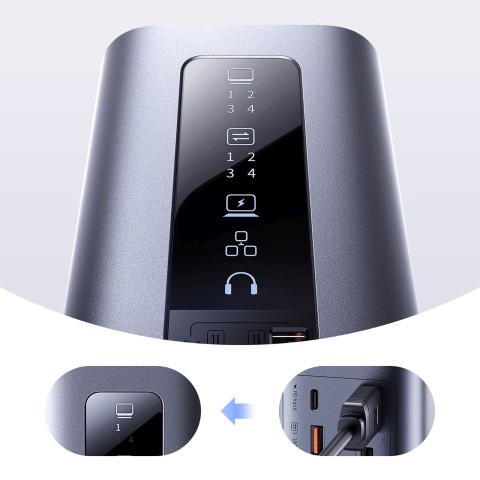 
Įkrovimo stotelė „HUB 11in1“ USB-C HDMI DP USB-A USB-C RJ45 PD Mini Jack 3.5mm EU įkroviklis - pilka
