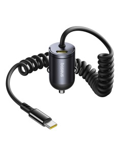 
USB-C automobilinis įkroviklis su integruotu 30 W spiraliniu USB-C laidu – juodas
